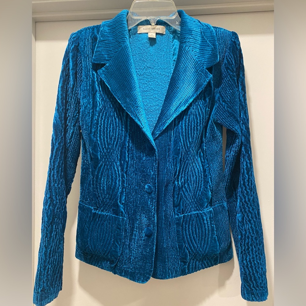 Vintage 80s/90s Harve Benard Blue Crushed Velvet Velour Statement Jacket Blazer
